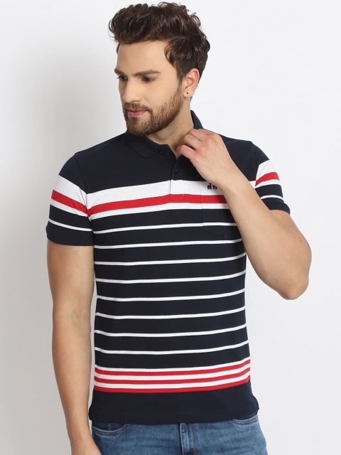 

98 Degree North Men Navy Blue & White Striped Polo Collar T-shirt