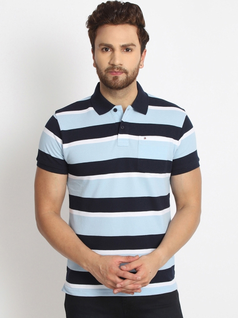 

98 Degree North Men Turquoise Blue & Navy Blue Striped Polo Collar T-shirt