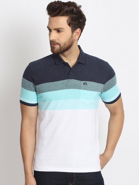 

98 Degree North Men White & Blue Colourblocked Polo Collar T-shirt