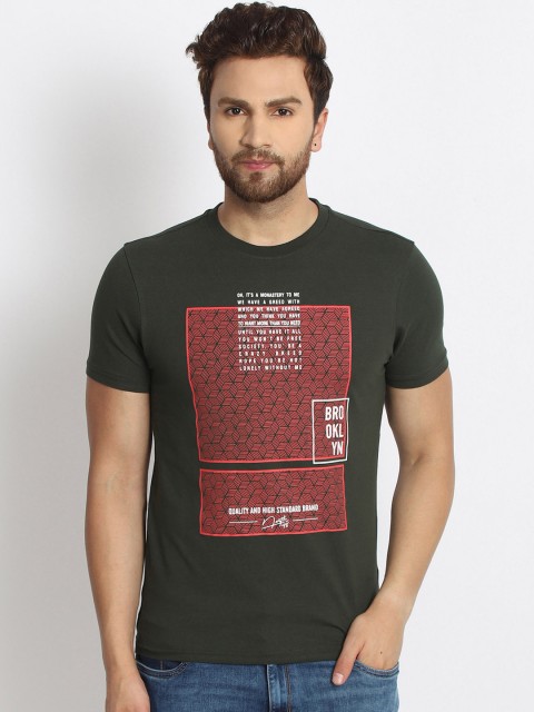 

98 Degree North Men Olive Green & Red Printed Round Neck T-shirt