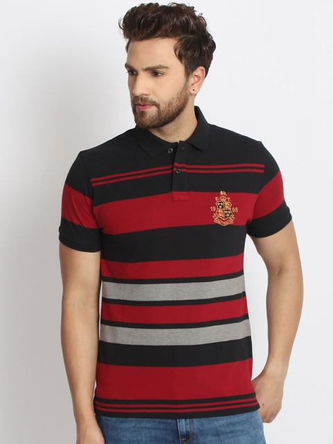 

98 Degree North Men Black & Maroon Striped Polo Collar T-shirt