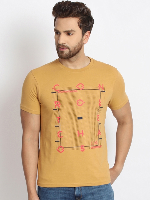 

98 Degree North Men Mustard Printed Round Neck T-shirt