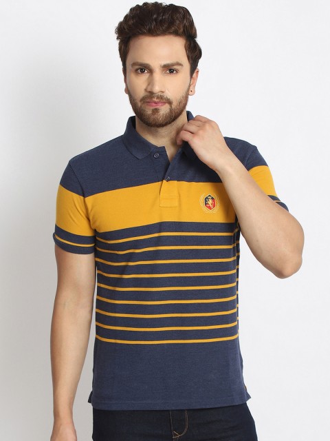 

98 Degree North Men Navy Blue Striped Polo Collar T-shirt