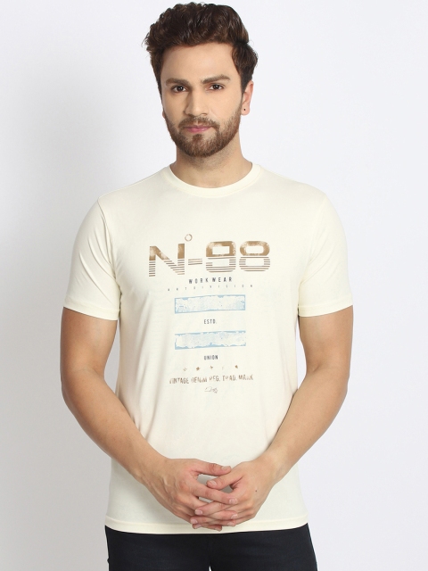 

98 Degree North Men Cream-Coloured Printed Round Neck T-shirt