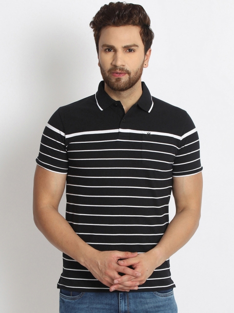 

98 Degree North Men Black & White Striped Polo Collar T-shirt