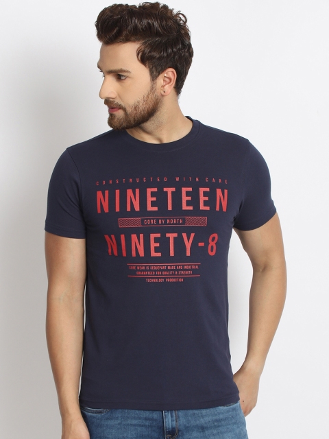 

98 Degree North Men Navy Blue & Red Printed Round Neck T-shirt