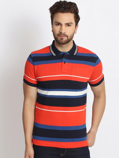 

98 Degree North Men Orange & Black Striped Polo Collar T-shirt
