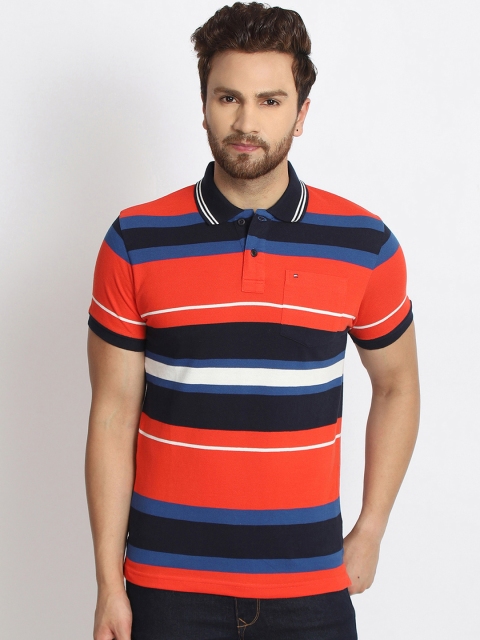 

98 Degree North Men Orange & Black Striped Polo Collar T-shirt