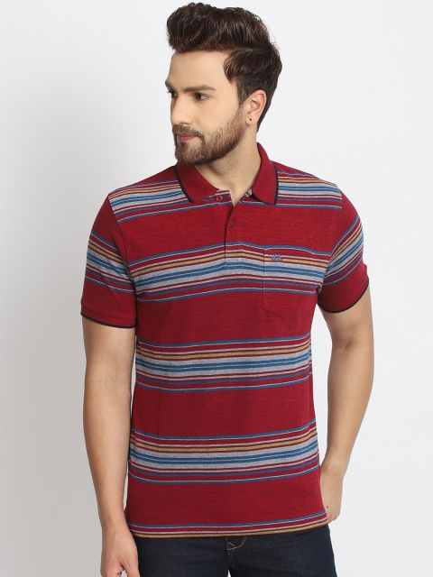 

98 Degree North Men Maroon Striped Polo Collar T-shirt