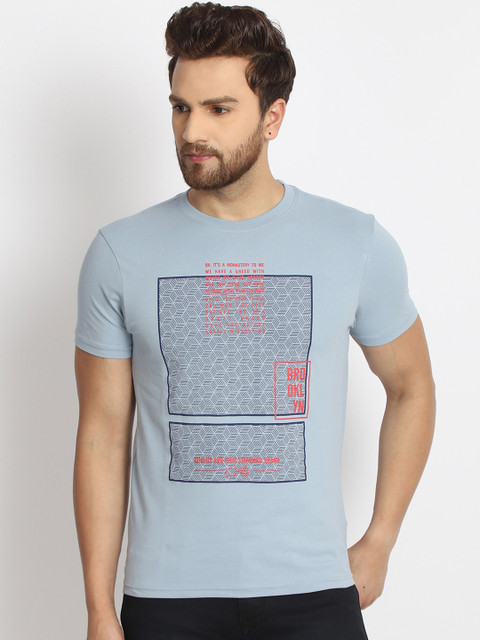 

98 Degree North Men Blue Printed Round Neck T-shirt
