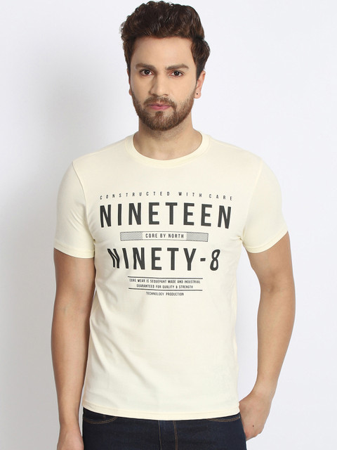 

98 Degree North Men Cream-Coloured Printed Round Neck T-shirt