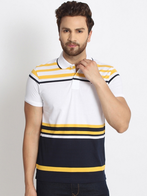 

98 Degree North Men White & Navy Blue Striped Polo Collar T-shirt