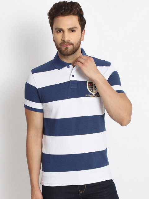 

98 Degree North Men Navy Blue & White Striped Polo Collar T-shirt