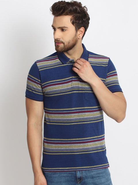 

98 Degree North Men Navy Blue & Mustard Yellow Striped Polo Collar T-shirt