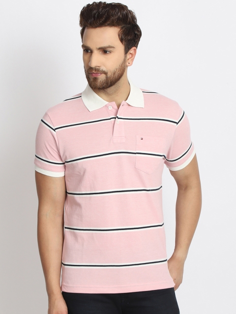 

98 Degree North Men Pink Striped Polo Collar T-shirt