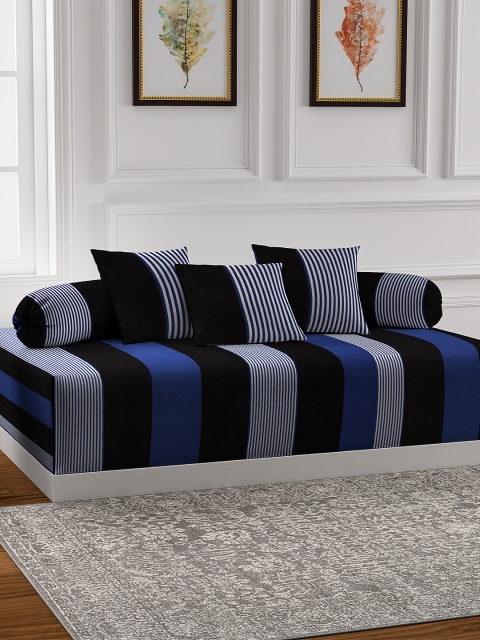 

NEUDIS Set Of 6 Blue & Black Striped Premium Cotton Corduroy Diwan Set