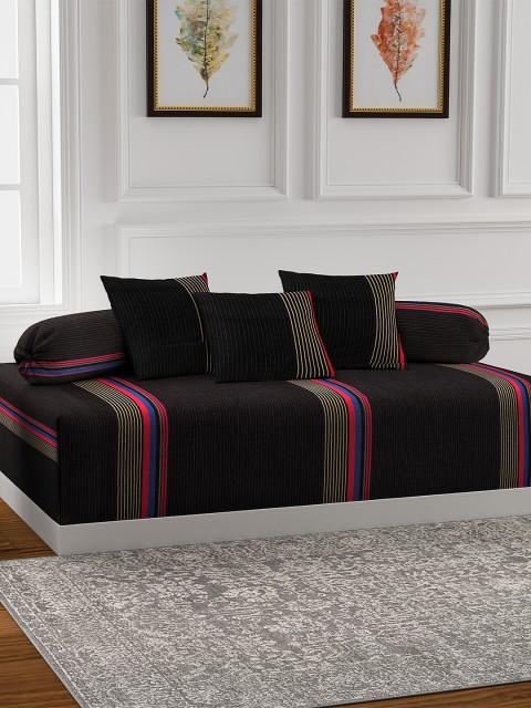 

NEUDIS Set Of 6 Black & Red Striped Premium Cotton Corduroy Diwan Set