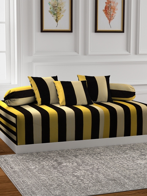 

NEUDIS Set Of 6 Yellow & Black Striped Premium Cotton Corduroy Diwan Set