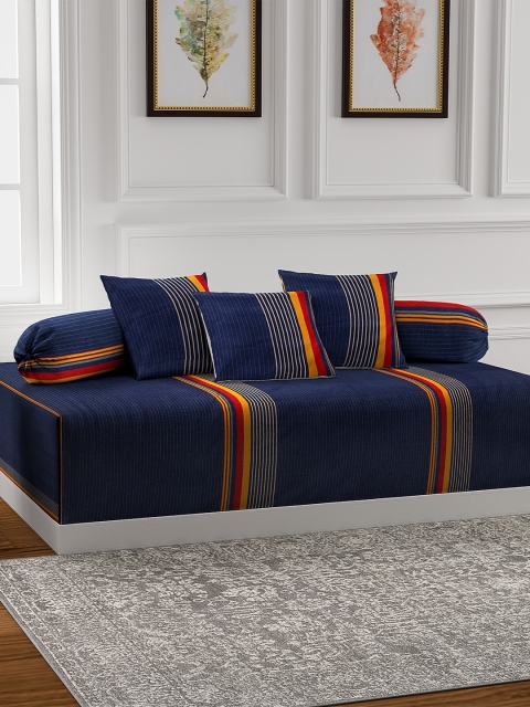 

NEUDIS Set Of 6 Navy blue & Yellow Striped Premium Cotton Corduroy Diwan Set