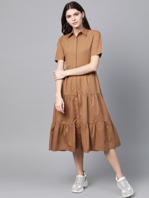 

SASSAFRAS Women Brown Solid A-Line Tiered Shirt Dress