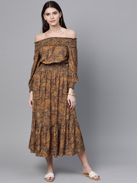 

SASSAFRAS Women Brown & Black Paisley Print Blouson Dress