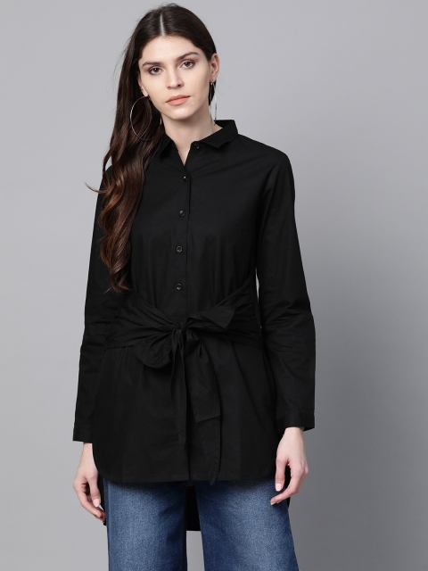 

SASSAFRAS Women Black Regular Fit Solid Casual Longline Shirt