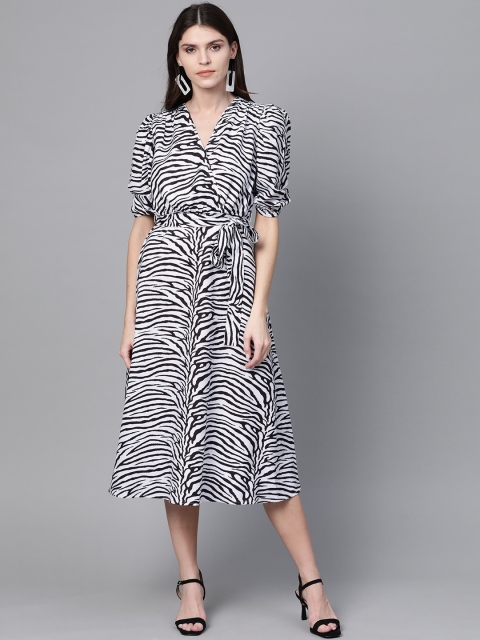 

SASSAFRAS Women White & Black Zebra Printed Wrap Dress With Belt