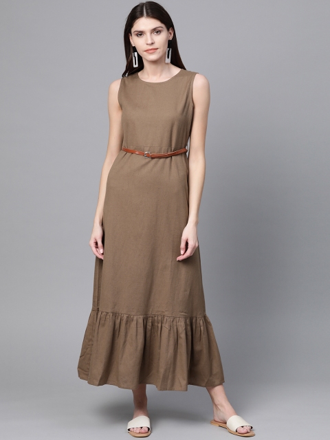 

SASSAFRAS Women Olive Brown Solid Maxi Dress