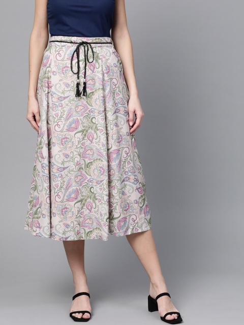 

SASSAFRAS Women Beige & Green Floral Printed A-Line Skirt