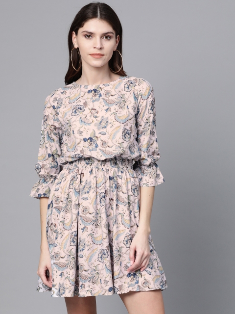 

SASSAFRAS Women Beige & Blue Paisley Print Blouson Dress