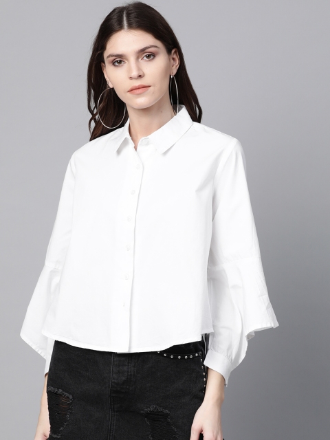 

SASSAFRAS Women White Slit Sleeves Solid Casual Shirt