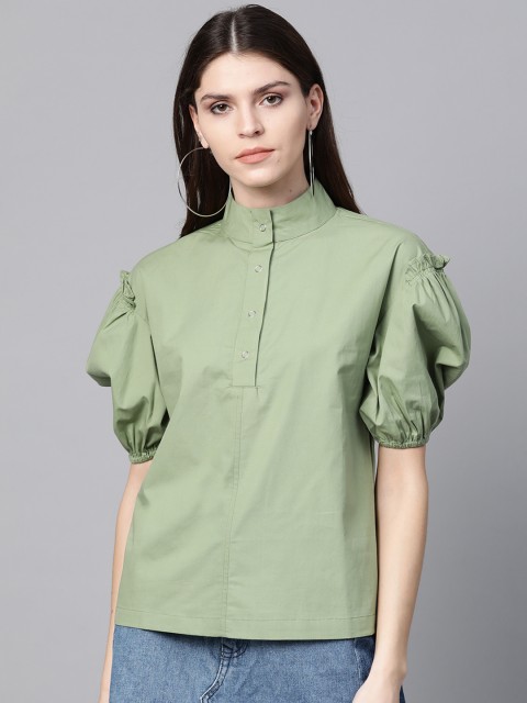 

SASSAFRAS Women Green Puff Sleeves Solid Pure Cotton Top