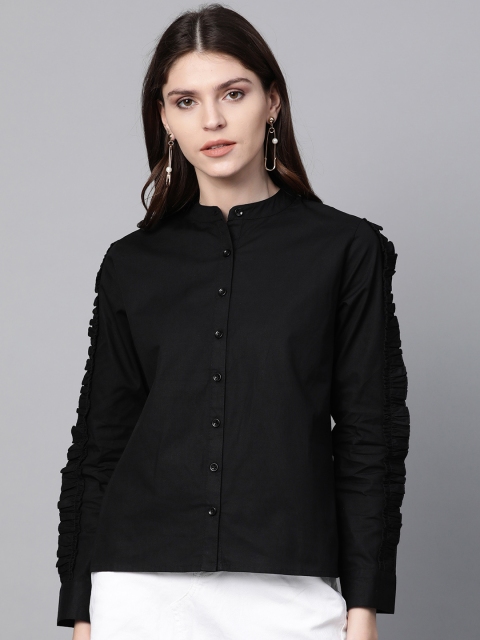 

SASSAFRAS Women Black Regular Fit Solid Frilled Casual Shirt