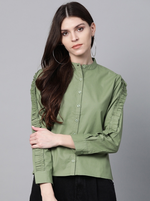 

SASSAFRAS Women Green Regular Fit Solid Frilled Casual Shirt