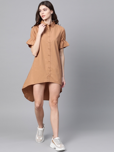 

SASSAFRAS Women Brown Solid High-Low Shirt Dress