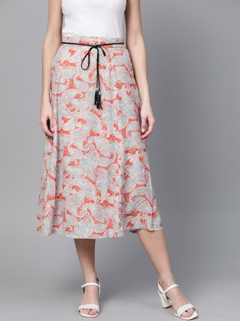 

SASSAFRAS Women Beige & Coral Oarnge Printed A-Line Midi Skirt