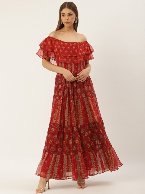 

Label Ritu Kumar Women Red & Beige Printed Off-Shoulder Tiered Maxi Dress