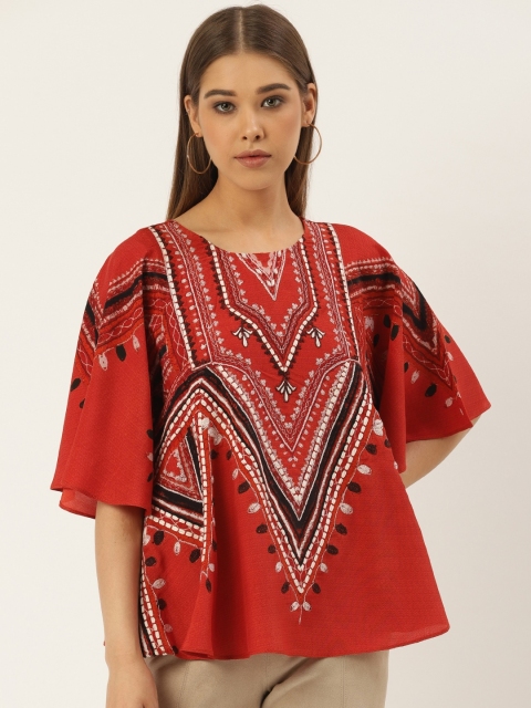 

Label Ritu Kumar Women Rust Red & Black Embroidered A-Line Top