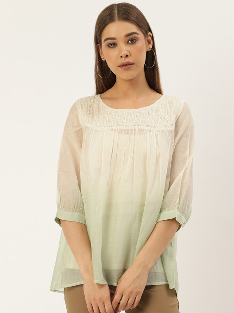 

Label Ritu Kumar Women Off-White & Green Ombre Dyed A-Line Top