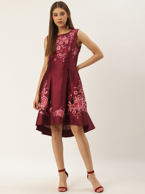 

Label Ritu Kumar Women Burgundy & Pink Floral Embroidered A-Line High-Low Dress