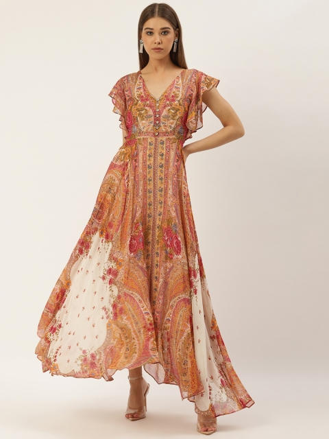 

Label Ritu Kumar Women Orange & Pink Printed Asymmetric Maxi Dress