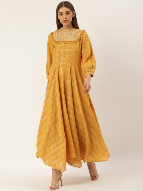 

Label Ritu Kumar Women Mustard Yellow & Golden Checked Maxi Dress