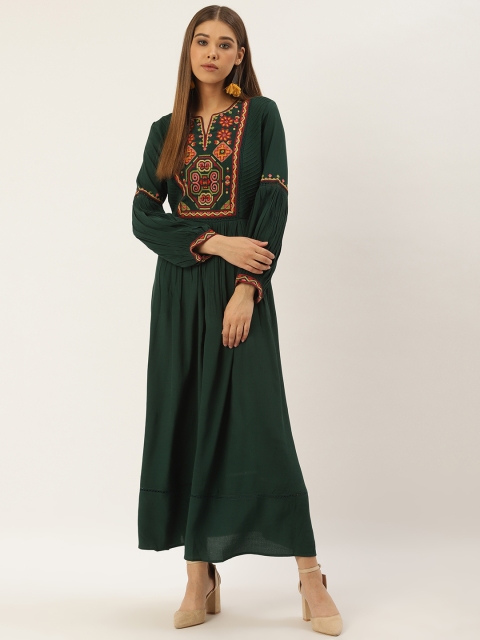 

Label Ritu Kumar Women Green Embroidered Maxi Dress, Olive