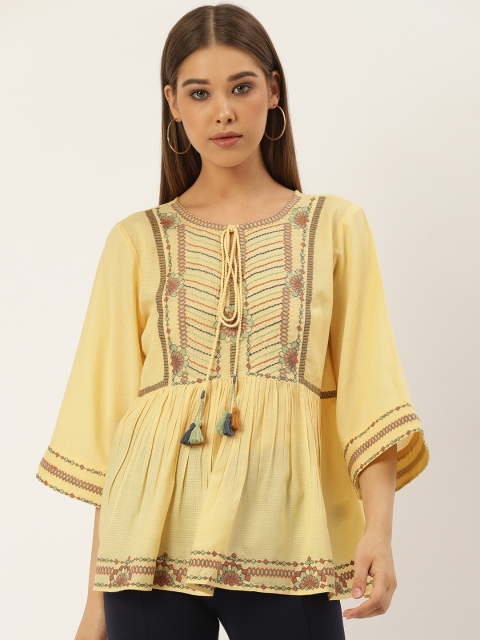 

Label Ritu Kumar Women Yellow Dobby Embroidered A-Line Top