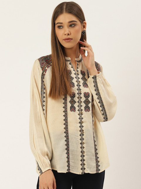 

Label Ritu Kumar Women Cream-Coloured & Black Regular Fit Self Design Casual Shirt
