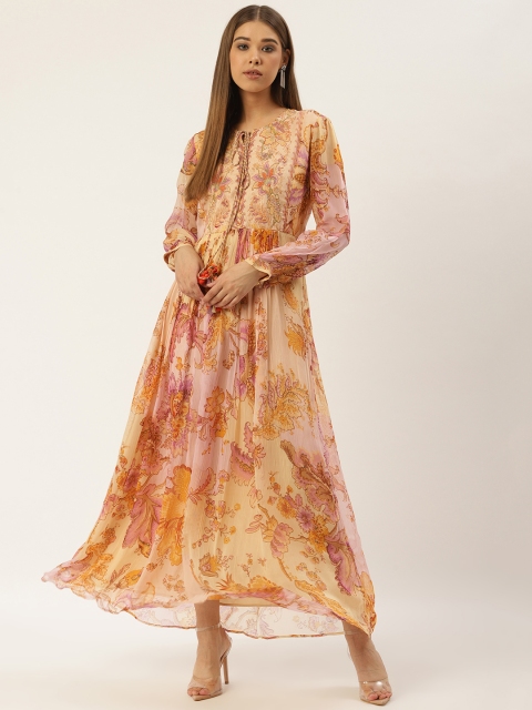 

Label Ritu Kumar Women Beige & Pink Floral Print Maxi Dress