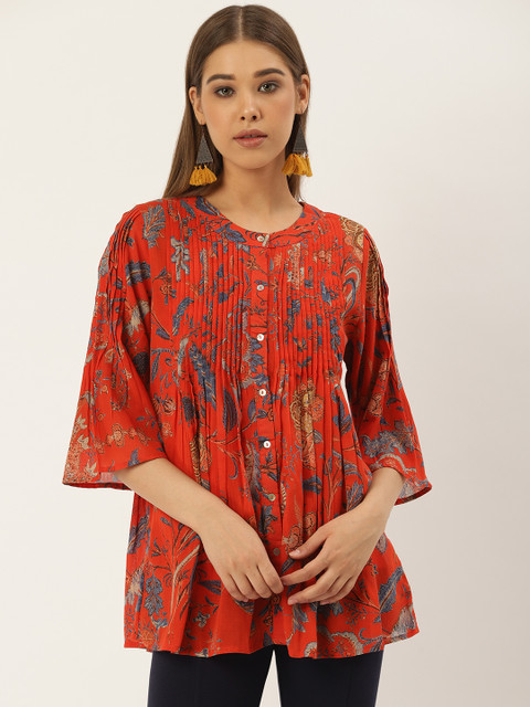 

Label Ritu Kumar Women Red & Blue Floral Print A-Line Top