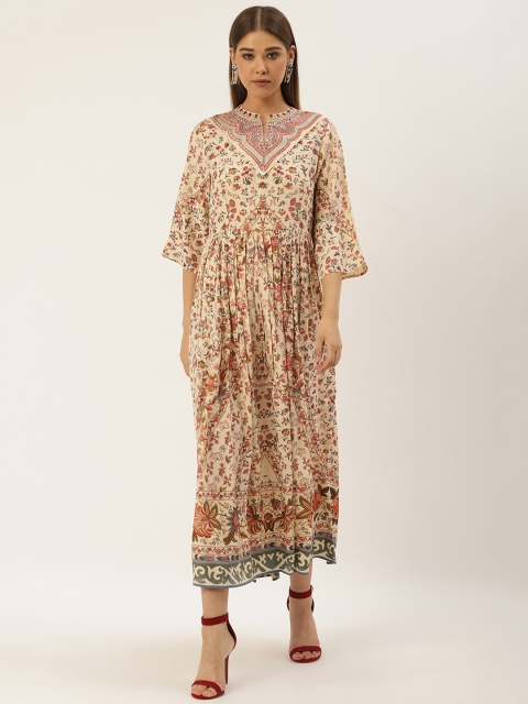 

Label Ritu Kumar Women Cream-Coloured & Pink Floral Print Maxi Dress