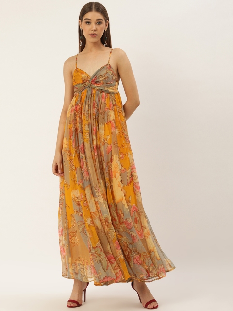 

Label Ritu Kumar Women Mustard Yellow & Olive Green Floral Print Maxi Dress
