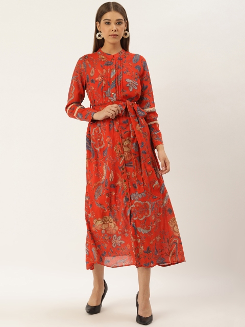 

Label Ritu Kumar Women Rust Orange & Blue Floral Print Maxi Dress